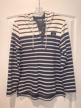 L.L.Bean Blue and White Striped Pullover Hooded Henley